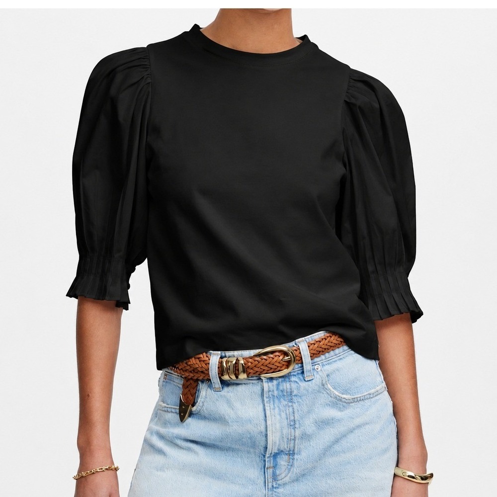 Madewell Top Women XXS Black Puff Sleeve Knit Top Pleated Cuff Dark Academia NWT